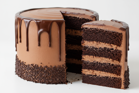 Chocolate cake filled with a chocolate mousse filling and chocolate filling . Iced in chocolate buttercream outside and 1 inch of chocolate sprinkles around .  topped with a chocolate, drippy ganache on the outer edges only. Cake must be a 6 inch tall cake. and a slice of cake next to it. 

 4 layers of cake and 3 layers of buttercream