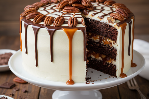 chocolate cake , filled with a vanilla buttercream and a fudge and caramel swirl filling-then topped off with pecans. It’s then wrapped with a delicious Italian vanilla buttercream and drizzled with chocolate ganache to compliment the flavors! A yummy, turtle explosion!
