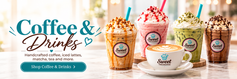 Sweet Treasures Coffee & Drinks banner with clean design, no top-left logo and handcrafted drinks