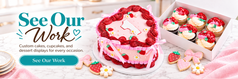Sweet Treasures See Our Work: pink first birthday cake, matching cupcakes in a white box, coordinated sugar cookies, branded teal button