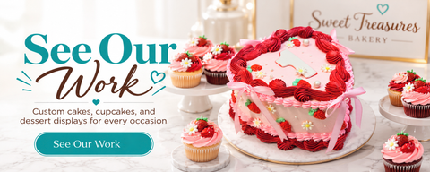 Sweet Treasures Our Work banner featuring strawberry heart cake and coordinating cupcakes