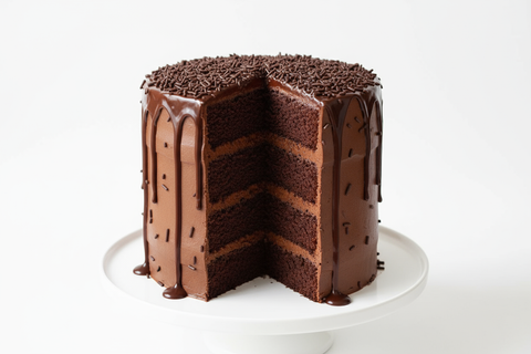 This is a Belgian chocolate cake filled with a chocolate mousse filling and chocolate sprinkles. Iced with a delicious chocolate&nbsp;buttercream and chocolate, drippy ganache. Yes, mouth-watering goodness!! VERY smooth and tall 6 inch cake 

NOTE: The Slice of cake is to show the cake and buttercream/filling flavors. Your cake will have 4 layers of cake and 3 layers of buttercream.&nbsp;